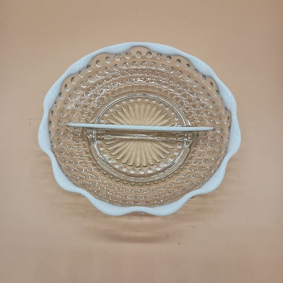 Vintage Fenton Moonstone Clear Opalescent Ruffled Edge Hobnail Divided Dish - Picture 1 of 4